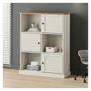 furnicato Bücherregal VIGO Weiß 90 x 35 x 114,5 cm aus massivem Kiefernholz, 1-tlg., Regalwand mit Jalousie-Türen, sechs Fächern und Metallknöpfen weiß