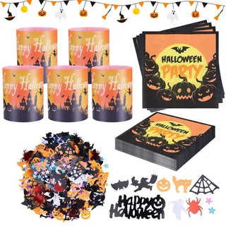 20 Stück Halloween Servietten + 12 Stück Windlicht Tischdeko + Halloween Konfetti, Kürbis Fledermaus Geist Motive, Tischdekoration für Halloween Party, Kindergeburtstag, Mottofeier (Halloween)