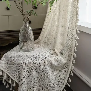 USTIDE 2 Paneele, Beige, rustikaler Fenstervorhang, schicke Baumwolle, Gardinenstange, Spitze, Häkelvorhänge mit Quasten, Dekor für Küche, Esszimmer, Wohnzimmer, 150 cm B x 224 cm L