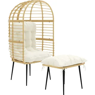 Outsunny Gartensessel mit Hocker PE Rattan Ei-Form Korbsessel mit langen & dicken Kissen Metallrahmen, Rattansessel im Boho-Stil Loungesessel für Wohnzimmer Garten Balkon Terrasse Beige   Aosom