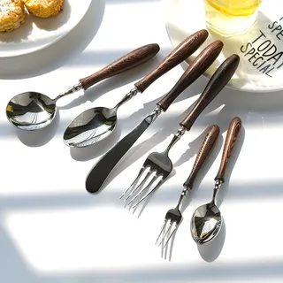 TTiiLoe 6-teiliges Besteckset aus Edelstahl mit Holzgriff, luxuriöses Besteckset mit Holzgriff, einschließlich Gabeln, Löffeln, Messern (Color : Wenge, Size : 6pcs)