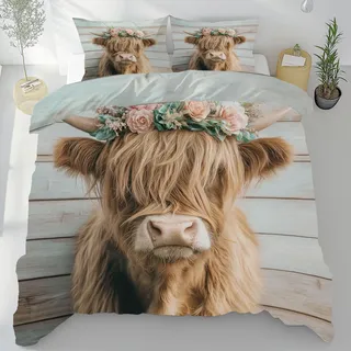 Highland Cow Kuh Bettwäsche 135x200 3 Teilig, Rustikale Bauernhof Tier