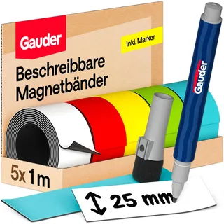 GAUDER Magnetstreifen beschreibbar (5 Rollen je 1 m x 25 mm - bunt) | Magnete zum Beschriften, beschreibbare Magnetstreifen, Magnetschilder für Kanban Board für Zuhause, inkl. Whiteboardmarker