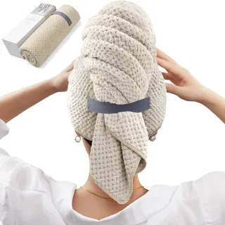 Großes MikrofaserHandtuch für Frauen AntiFrizzHaartrocknungstuch mit elastischem Band schnell trocknende Haarturban für nasses Haar lange dicke lockige Haare super weiche Haarwickeltücher Kamel...