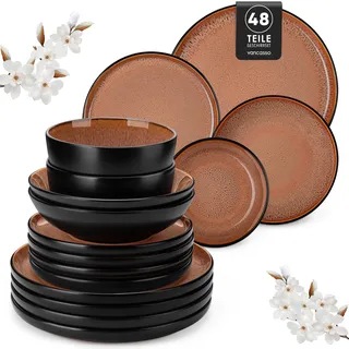 Steingut Geschirrset 12 Personen, vancasso AMBER Teller Set 12 Personen, Tafelservice 48tlg mit Speiseteller, Dessertteller, Suppenteller, Schüssel, Reaktive Glasur, Feuerrot, Spülmaschinenfest