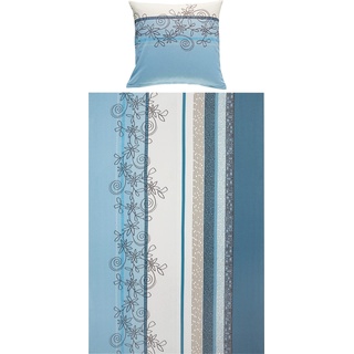 Erwin Müller Bettwäsche, Bettgarnitur Fein-Biber Blumen hellblau-weiß Größe 155x220 cm (80x80 cm) - hautsymphatisch, bügelleicht, mit Marken-Reißverschluss (weitere Größen)