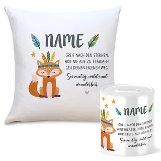 OWLBOOK Boho Fuchs Geschenkset Kinder Spardose und Kissen Personalisiert mit Namen Geschenke Geschenkideen für Kinder Baby Junge Mädchen zum Geburtstag Weihnachten Einschulung Taufe Geburt