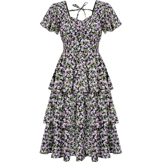 Belle Poque Damen Vintage Retro Rockabilly Cocktailkleider Lange Kleider Schwarze Blume S - S