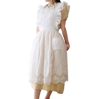 ARKCHIU Kochschürze Damen Vintage Rüsche Baumwolle Schürze Frauen Küchenschürze KittelschürzeWhite,One Size