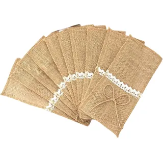 fogshield 24 Stück Jute Bestecktasche,Vintage Spitze Sackleinen Besteckbeutel Bestecktaschen Besteckhalter Sackleinen Hochzeitsdeko Tischdeko für Hochzeit Weihnachten Taufe Rustikal Party Restaurant ,Stil