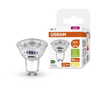 OSRAM Hocheffiziente PAR16 Reflektorlampe mit Energieeffizienzklasse B, Sockel GU10, 50W-Ersatz, 2W Nennleistung, 2700K (warmweiß), besonders stromsparend, klares Glas, nicht dimmbar 1er-Pack