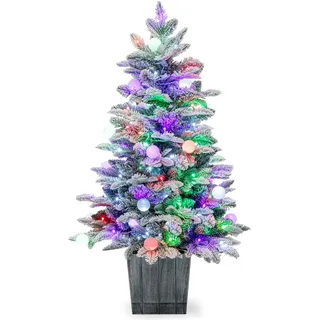 GYMAX Beleuchteter Künstlicher Weihnachtsbaum 100 cm, Kunstbaum im Topf mit 80 bunten LED-Lichtern & Betonbasis, Tannenbaum mit Schnee, Christbaum für Zuhause, Geschäft & Büro