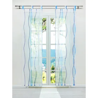 ESLIR Schiebegardinen Set 2er Flächenvorhänge Gardinen mit Schlaufen Schiebevorhang Transparent Vorhang mit Wellen Druck Voile Blau BxH 57x145cm 2 Stück