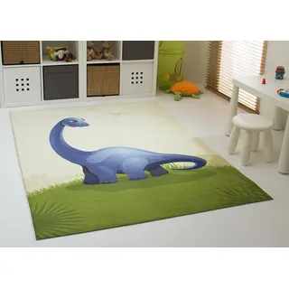 Steffensmeier Dinosaurier Teppich Dino Kinderteppich Kinderzimmer Denni in beige blau, Ökotex Zertifiziert, Größe:140x200 cm