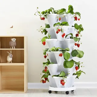 Kunststoff Stapelbar Blumentopf,Groß Erdbeerturm Hochbeet Pflanzturm Rund Pflanzkübel mit Plastik Untersetzer für Innen und Balkon Garten Terrasse Pflanzen wetterfestes Pflanzgefäß (A-Lila)