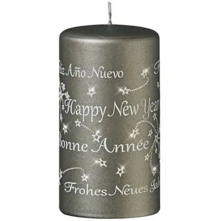 Kopschitz Kerzen Adventskerze Spruchkerze "Happy New Year" Grau Matt 130 x Ø 70 mm, 1 Stück grau