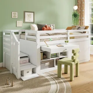Merax Hochbett 90x200cm mit Schrank und Schublade/Schreibtisch, Kinderbett mit Treppe und Leiter, Etagenbett Hausbett Massivholz Jugendbett, Weiß - Weiß