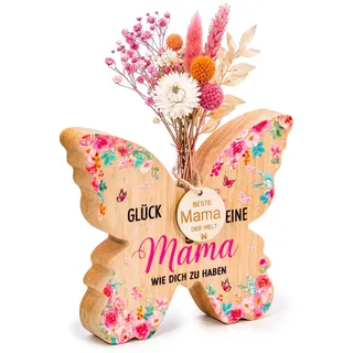 Vase Mama Geschenk Holz Schmetterlings Beste Mutter Schmetterlings-Holzvase Reagenzglas Juteschnur Kleines Rundes Holzschild, Beste Mama Vase Geschenk für Frauen Geburtstags Muttertagsgeschenk