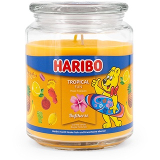 Haribo Duftkerze im Glas mit Deckel | Tropical Fun | Duftkerze Fruchtig | Kerzen lange Brenndauer (100h) | Kerzen Gelb | Duftkerze Groß (510g)