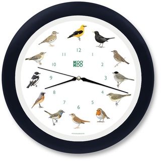 KOOKOO Singvögel Quarzwerk Schwarz-Blau, Die Singende Vogeluhr, runde Wanduhr mit natürlichen Vogelstimmen