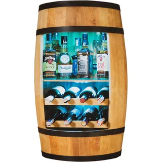 CREATIVE COOPER Weinregal - Weinschrank Mini Bar - Alkohol Schrank mit LED - Weinfass - Fass bar - Weinbar - Fassbar - Barschrank - 80cm hoch - Retro deko Bar Regal - Hausbar Theke - Fassmöbel Eiche