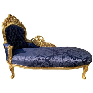 Casa Padrino Barock Chaiselongue Linke Seite Blau / Gold - Handgefertigte Massivholz Recamiere mit elegantem Muster - Barock Wohnzimmer Möbel
