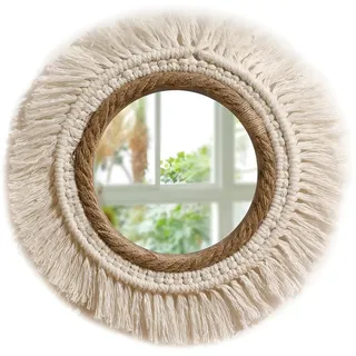 PAEFIU Wandbehang Dekorativer Spiegel, Boho Makramee Wandspiegel, Quaste Spiegel Wandbehang, Handgefertigte Wandspiegel Runder, für Wohnung, Haus, Schlafzimmer, Wohnzimmer, Badezimmer, Flur (M)