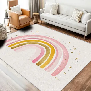 UUZEAI Rosa Regenbogen-Teppich 90x150 cm für Mädchenzimmer, großer waschbarer, Rutschfester Boho-Teppich für Kinderzimmer/Eingangsbereich, ultradünn