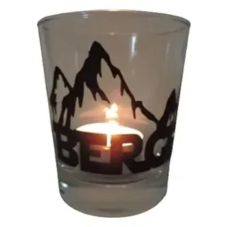 Lichtidee Teelicht Glas Windlicht Tischlicht Print mit Berge 2.0" schwarz Handmade Unikat Ostern Muttertaggeschenk, Höhe 8cm,