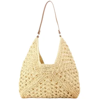 HSTWODE Stroh Strandtasche klein Damen - Korbtasche Geflochten mit leder,Boho Basttasche Netz Shopper für Reisen&Urlau - 33*35*1cm