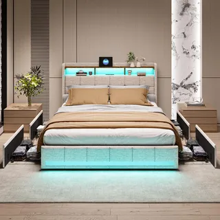 Polsterbett Doppelbett 160x200 cm, Bett 160x200 mit Bettkasten, Stauraumbett mit 4 Schubladen und Lattenrost, Staufach-Kopfteil mit LED-Beleuchtung und Ladestation(2 USB-Anschlüsse,1 Type-C),Leinen