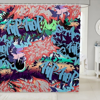 Loussiesd Hip Hop Dekor Duschvorhang 180x180cm Jugendliche Hippie Straßenkultur für Kinder Jugendliche Junger Mann Graffiti Muster Duschvorhang Textil Grunge Kunst Tuch Stoff Vorhang