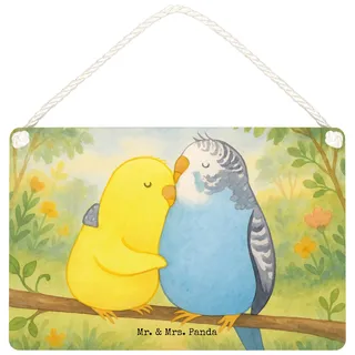 Mr. & Mrs. Panda Schild Wellensittich Liebe Design DIN A6 - Geschenk, Kuscheln, Türschild, Holzschild, glücklich, Wandbild Holz, holzbild, Verknallt, Freundin, wandhänger, Umarmung