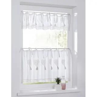Kutti Scheibengardine Camille (1 St), Bindebänder, blickdicht, Kurzgardine, Baumwolle, Landhaus, romantisch, Herz, Spitze, Volant weiß 120 cm x 50 cm