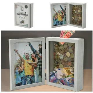 CEPEWA Spardose Spardose Bilderrahmen 2 in 1 weiß MDF 19x14,5x5,5cm klappbar Geschenk