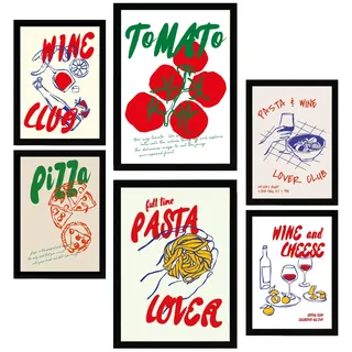 POSTER Set Mit 6 Von Lebensmitteln Im Pop Art Mit Tomaten Nudeln & Pizza A3 & A4 Schwarzer Rahmen