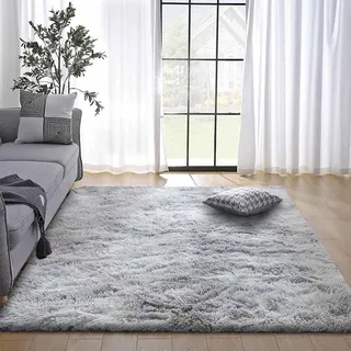 Calore Flauschiger Teppich Wohnzimmer Schlafzimmer Hochflor Anti-Rutsch Weich Moderne Teppiche Kinderzimmer (Grau Weiß, 160 x 230 cm)
