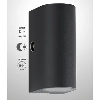 TRANGO LED Außen-Wandleuchte, Helligkeitssensor, 8012-RSAL LED UP & DOWN IP44 Außenwandleuchte aus Aluminium, Wandstrahler modern in Rund Anthrazit mit Dämmerungssensor (automatische Tag & Nacht-Schaltung) außen & innen Wandlampe, Außenlampe, inkl. 2x 5 Watt warmweiß GU10 LED Leuchtmittel
