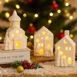 GZWY Weihnachtsdeko Beleuchtet Weihnachtshäuser, Weihnachtshaus Beleuchtet Weihnachtsdorf mit Beleuchtung, LED Weihnachtsdeko Modern Lichthaus Weihnachtsdorf Häuser Weihnachten Deko Haus Weiß (F)