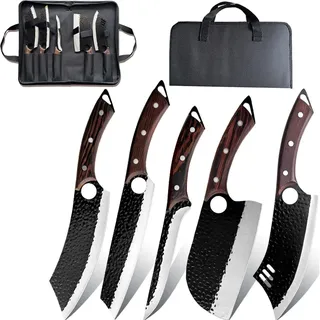 5 Stücke Kochmesser Set Mit Tasche, Küchenmesser, Handgeschmiedet Chefmesser, Perfekt zum Schneiden Messer, Serbisches, Hackmesser Scharf Messer für Zuhause Camping BBQ