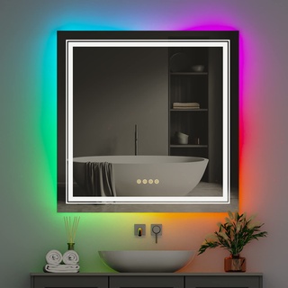 Badspiegel mit RGB Led Beleuchtung: 80x80 cm Quadratisch Badezimmerspiegel mit 3 Farben Frontbeleuchtung und 8 RGB Hintergrundbeleuchtung - Farbwechsel Wandspiegel für Weihnachten, Party, Zuhause