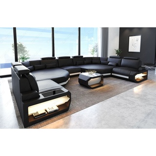 Sofa Dreams Wohnlandschaft Leder Couch Asti Sofa, Couch, XXL U Form Ledersofa mit LED, Designersofa schwarz|weiß