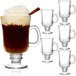 Dicunoy Set mit 6 irischen Kaffeetassen, 237 ml Glas-Kaffeetassen mit Griff, Fuß, transparent, Teetasse für Cappuccino, Latte, Saft, Eis, Kakao, Rum, Eisgetränk, Smoothies