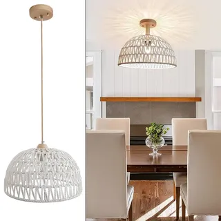 Hängelampe Retro Rattan, Boho Vintage Rattanlampe mit 2 lampe bases Rustikal Woven Hängeleuchte Esstisch Pendelleuchte Verstellbare E27 Pendellampe Esszimmerlamp Hängend für Wohnzimmer Küche Ø 30cm