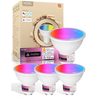 MOES Matter Alexa Smart Glühbirne GU10, WLAN RGB LED Lampe, Dimmbar, 2700K-6500K Warmweiss & Kaltweiß, Musiksynchronisation, 16 Mio. Farben, Kompatibel mit Apple Home&Alexa & Google Home 4Pack