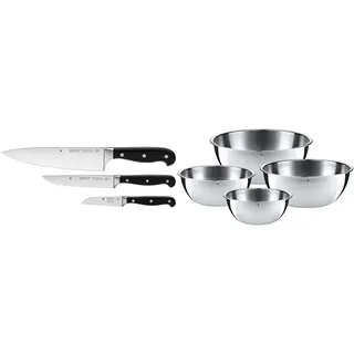 WMF Spitzenklasse Plus Messerset 3teilig Made in Germany, 3 Messer geschmiedet & Schüssel-Set Gourmet für die Küche 4-teilig Edelstahl Cromargan Multifunktional als Rührschüssel