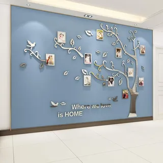 Wandtattoo Baum 3D DIY Wandaufkleber Family Stammbaum Fotowand Baum Wandtattoo Wall Sticker mit Bilderrahmen Foto Wandsticker Wanddeko Deko Wohnzimmer Schlafzimmer (Silber Links,XXL)