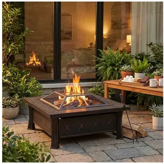 TLGREEN Feuerschale 3-in-1 Feuerkorb mit Funkenschutz & Grillrost, 81x81 cm Feuerkorb mit Grillrost, Heizung & Grillen Ø 81 cm