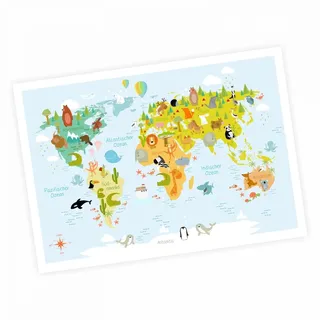 nikima - Kinder Weltkarte modern in 3 Größen A3/A2/A1 Poster Plakat Tiere Erde Wandbild Kinderzimmer schöne Wanddeko Kontinente niedliche Tiere - DIN A2-594 x 420 mm