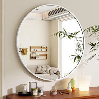 BEAUTYPEAK 76 cm Runder Spiegel, Wandspiegel mit Weiß Aluminiumrahmen